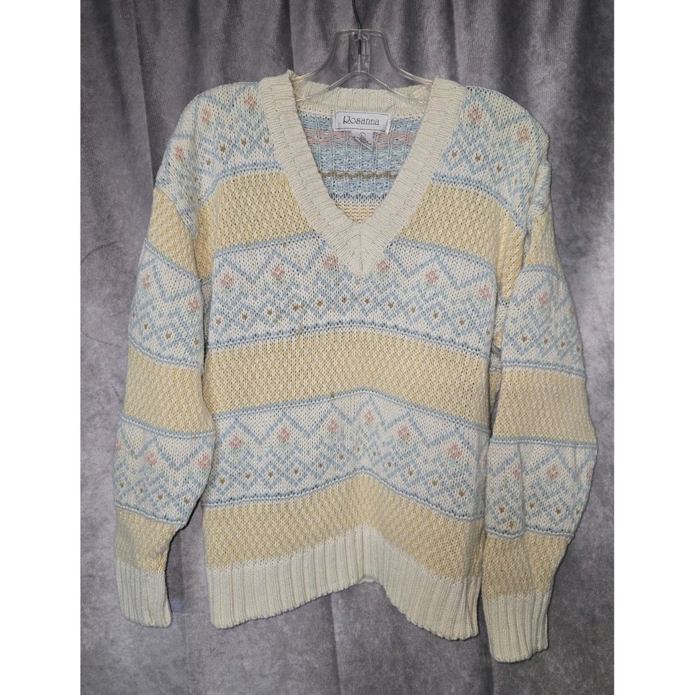 Vtg Rosanna Knit Sweater L Large V-Neck Pastel Yellow Blue Pink Fair Isle Retro